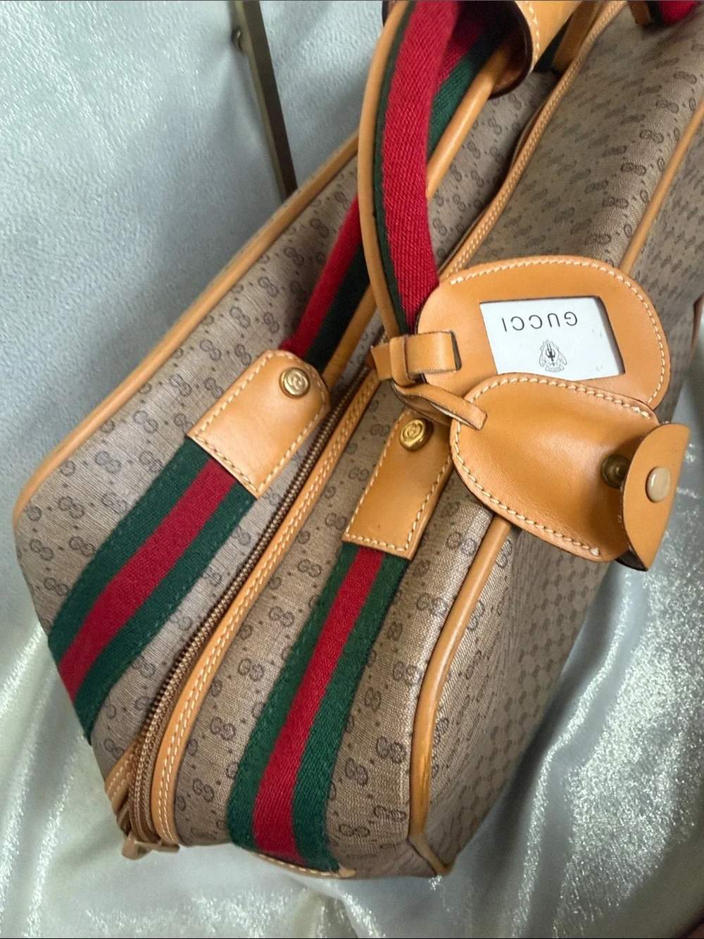 Gucci Monogram Travel Bag with Sherry Line and Tan Leather